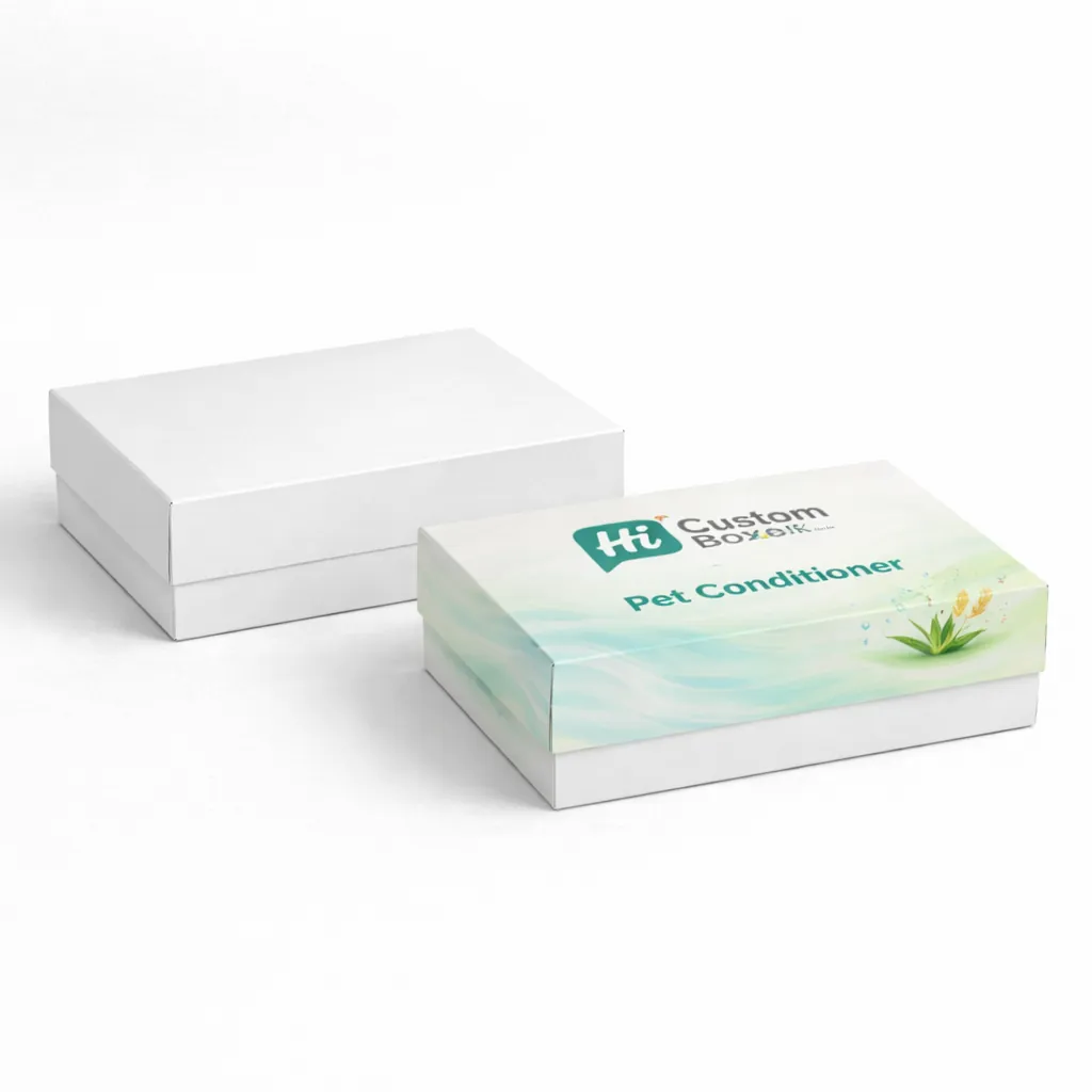 Two shallow rectangular rigid boxes with lids, displaying a professional teal-coloured wave and leaf design. class=